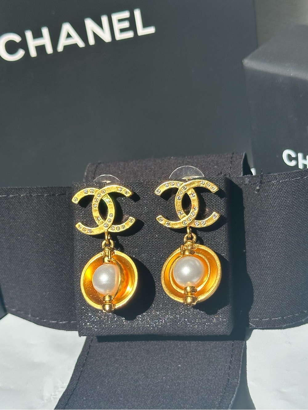 CHANEL Pierced Coco Mark Nestled Pearl Drop Crystal Earrings - Gold-Plated